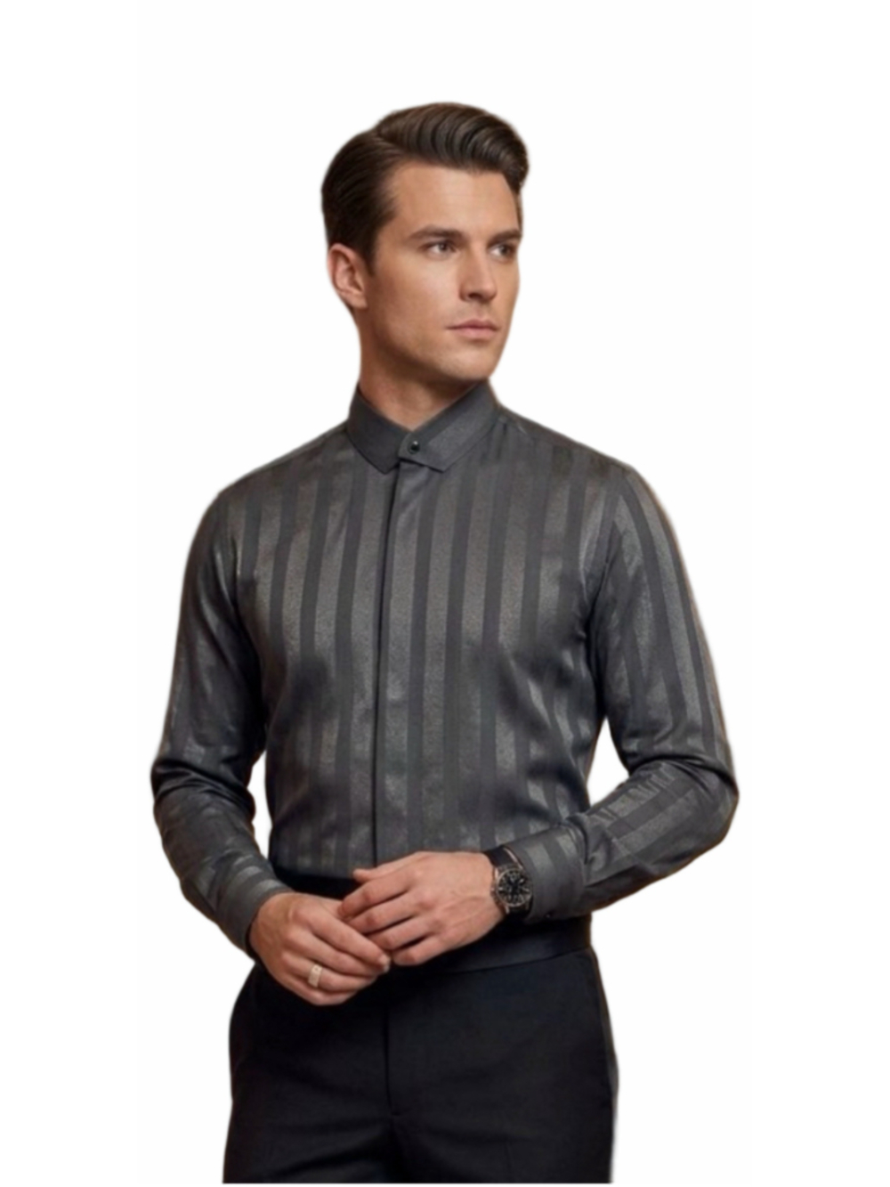 Le Collezioni Positano Men Black Satin Stripe Hidden Placket Dress Shirt M 1355
